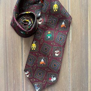 Vintage Looney Tunes Mania Maroon Neck Tie Ft. Bugs, Tweety, Marvin, Taz, Daffy